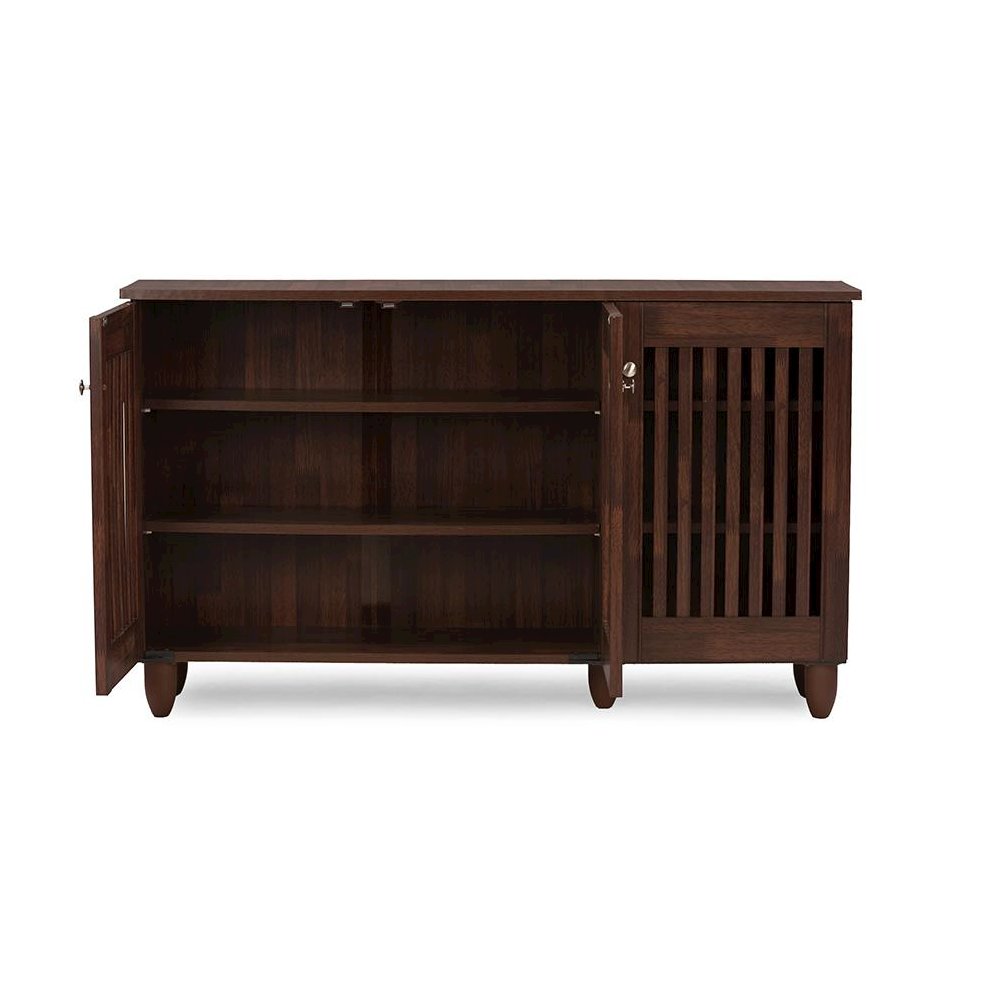 3-Door Oak Brown Wooden Entryway Shoes Storage Wide Cabinet. Picture 1