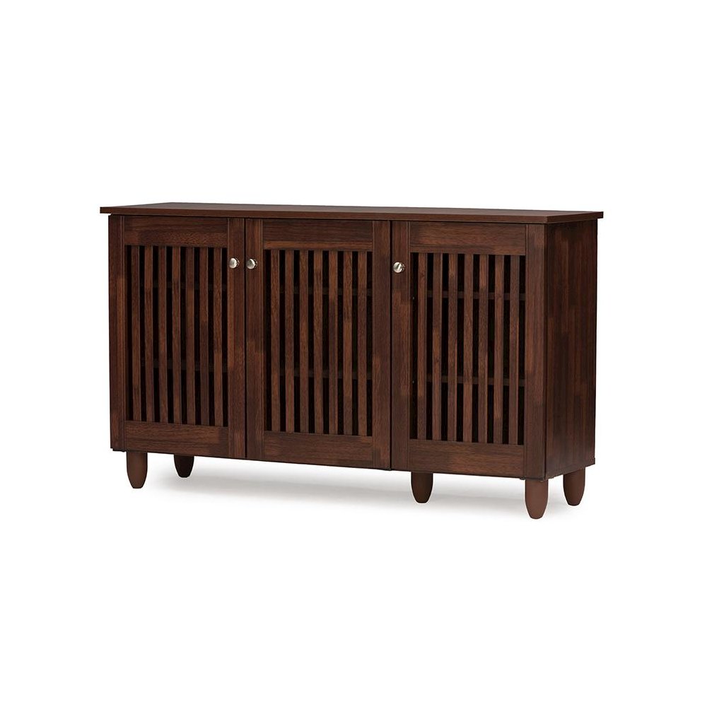 3-Door Oak Brown Wooden Entryway Shoes Storage Wide Cabinet. Picture 3