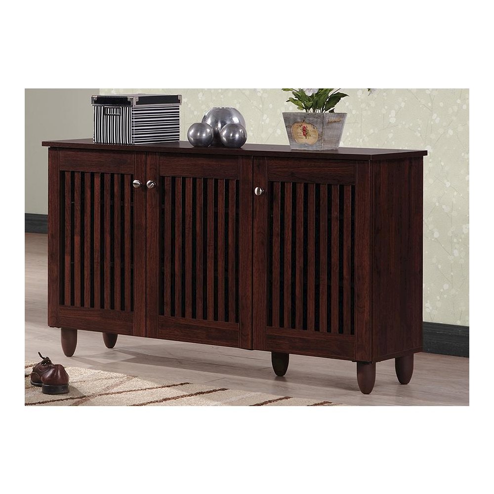3-Door Oak Brown Wooden Entryway Shoes Storage Wide Cabinet. Picture 5