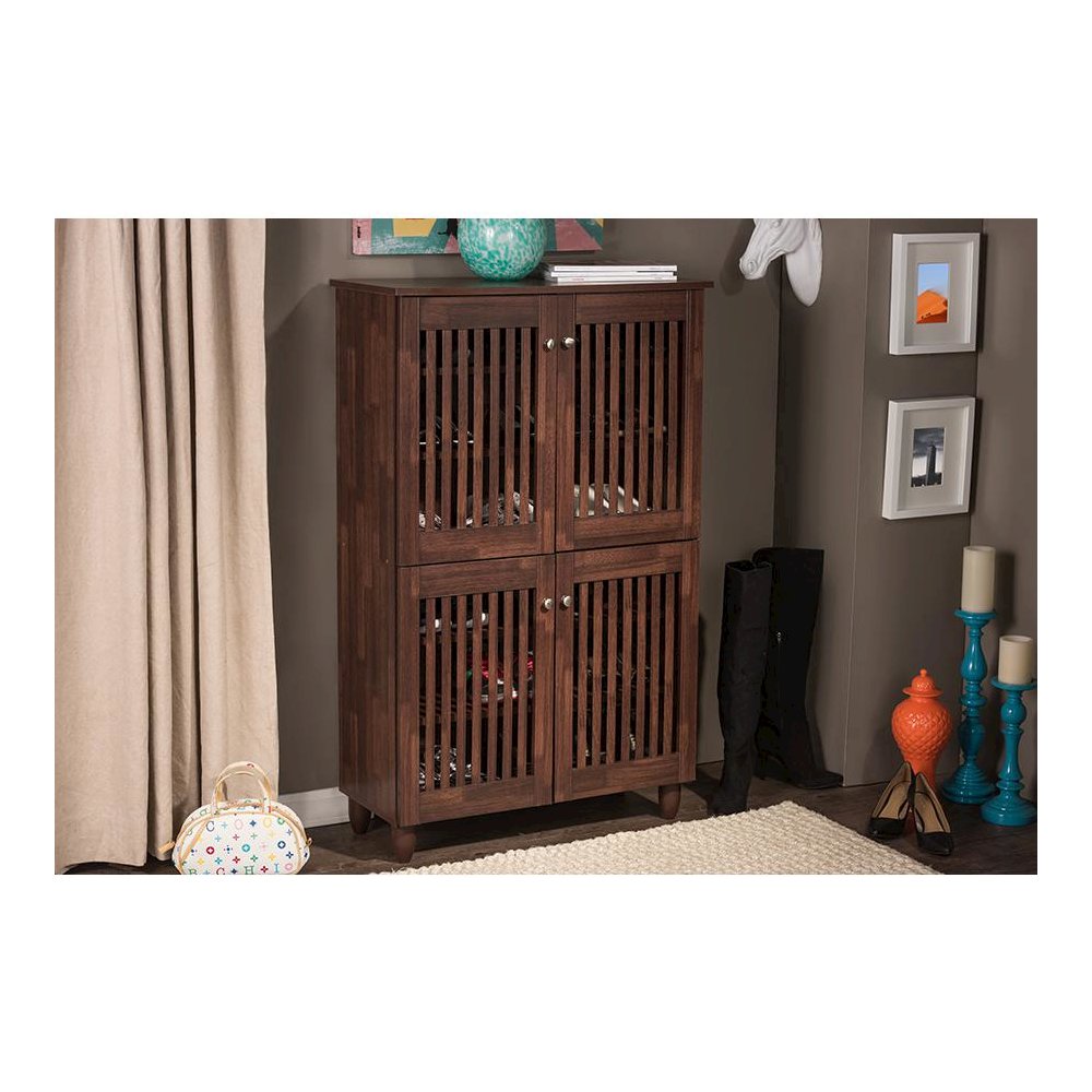 4-Door Oak Brown Wooden Entryway Shoes Storage Tall Cabinet. Picture 7