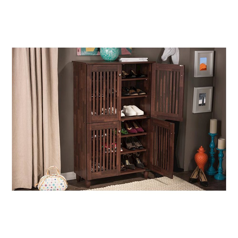 4-Door Oak Brown Wooden Entryway Shoes Storage Tall Cabinet. Picture 8
