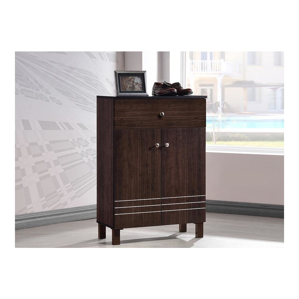 Baxton Studio Felda Dark Brown Modern Shoe Cabinet with 2 Doors and Drawer. Picture 5