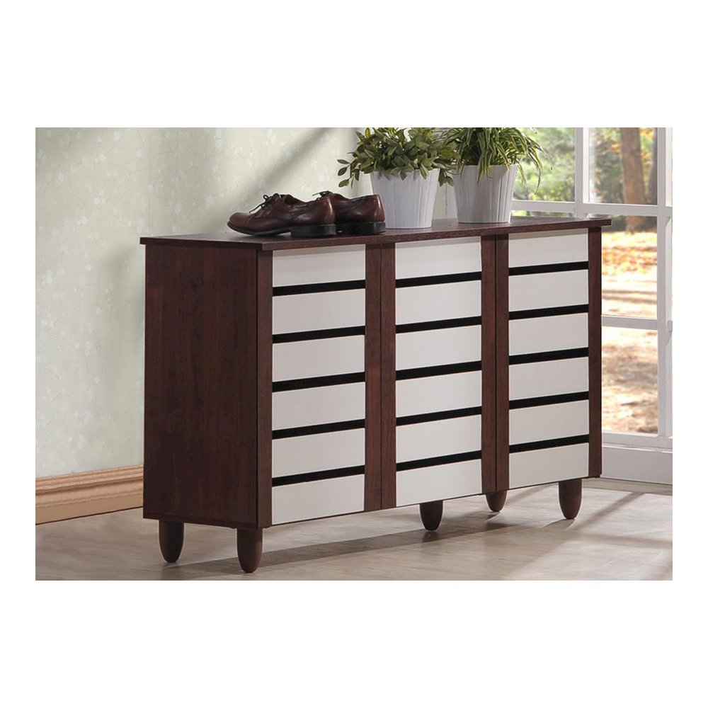 Baxton Studio Gisela Oak and White 2-tone Shoe Cabinet With 3 Doors. Picture 5