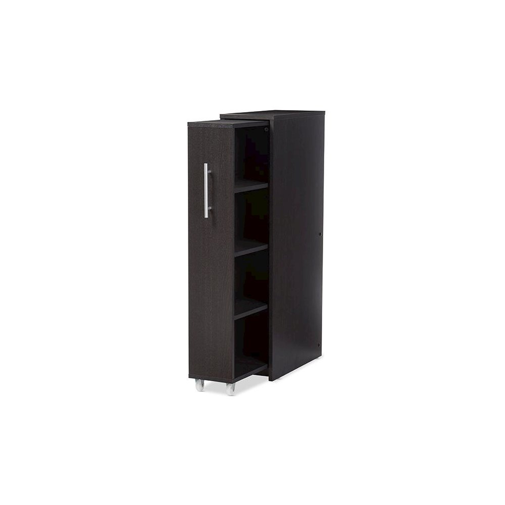 Lindo Dark Brown Wood Bookcase with One Pulled-out Door Shelving Cabinet. Picture 2