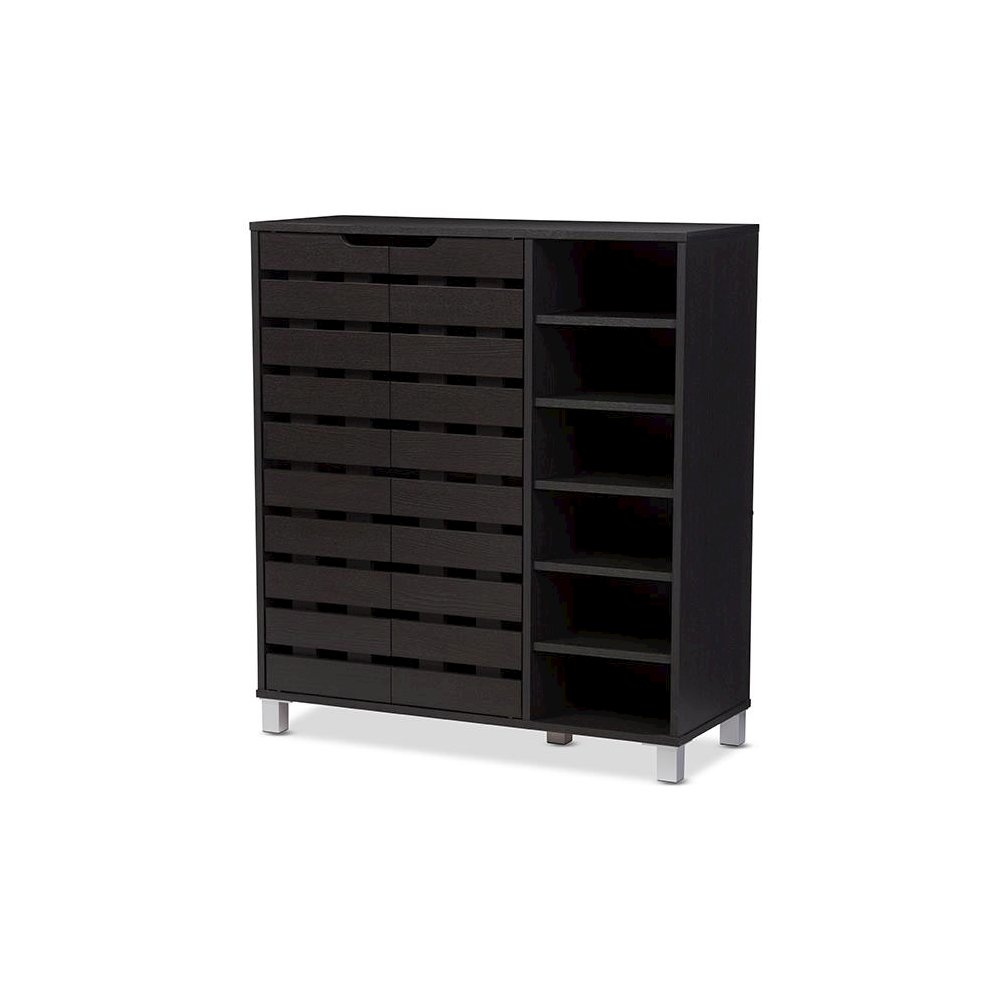 Dark Brown Wood 2-Door Shoe Cabinet with Open Shelves. Picture 1