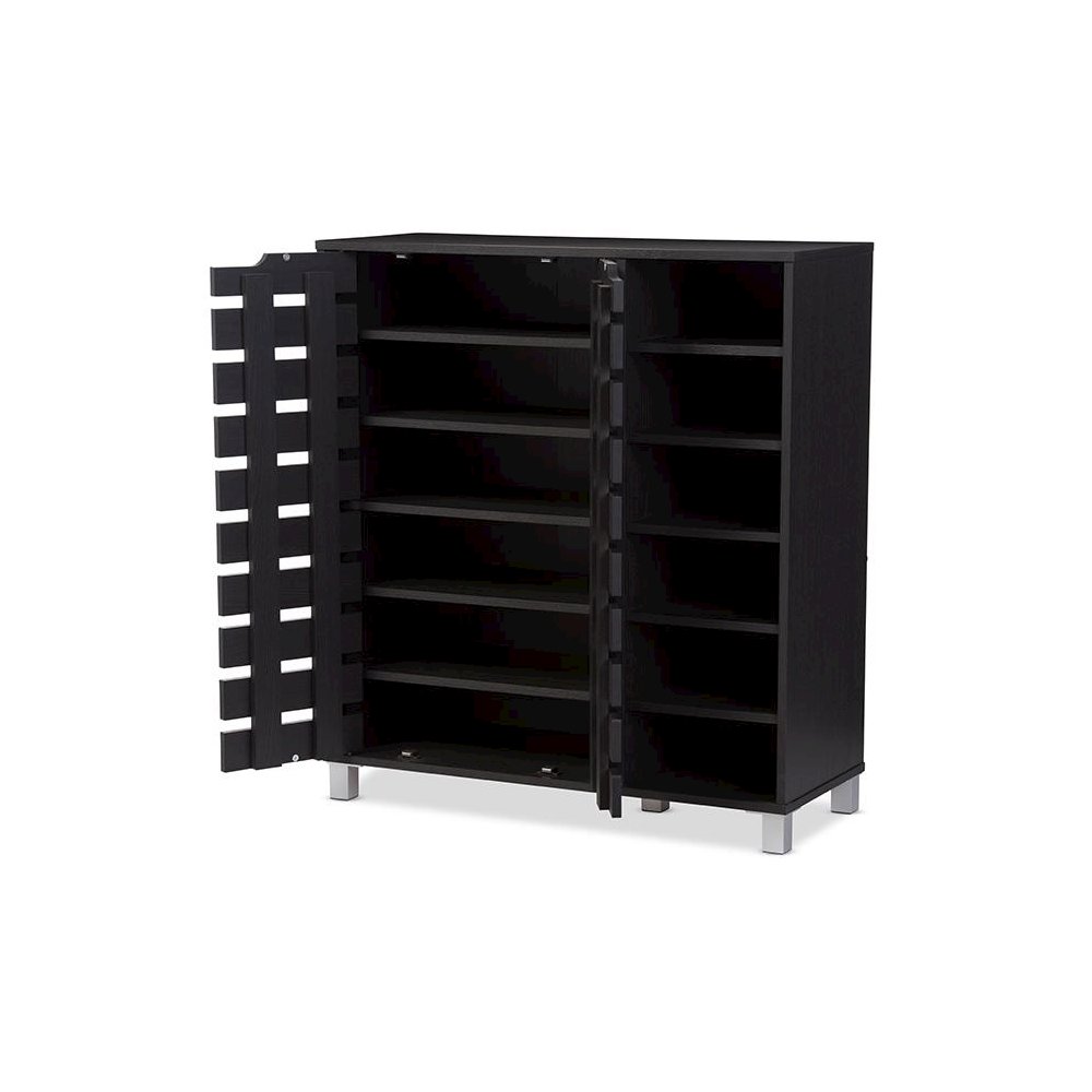 Dark Brown Wood 2-Door Shoe Cabinet with Open Shelves. Picture 2