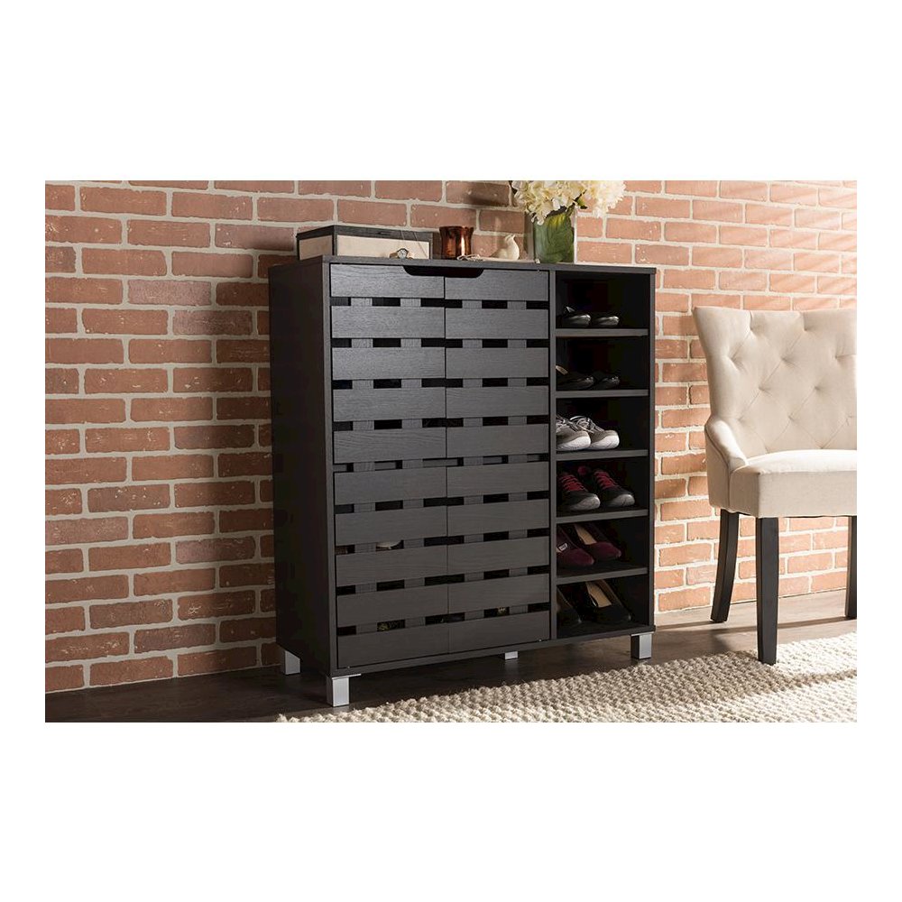 Dark Brown Wood 2-Door Shoe Cabinet with Open Shelves. Picture 4