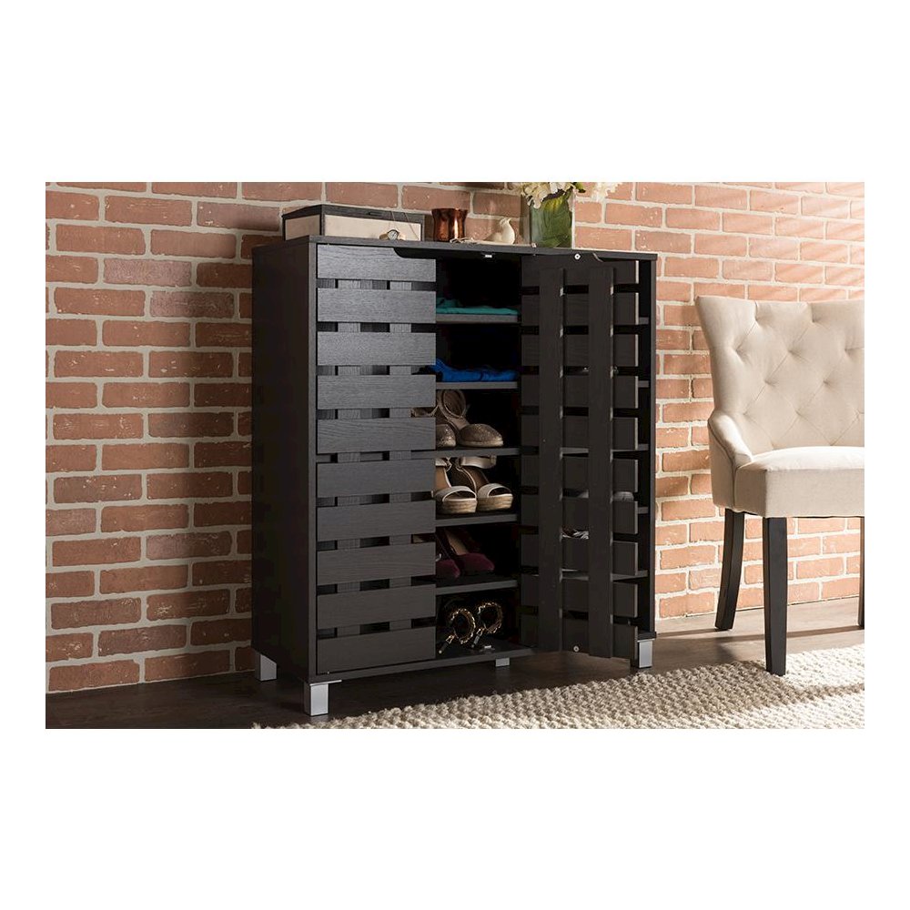 Dark Brown Wood 2-Door Shoe Cabinet with Open Shelves. Picture 5