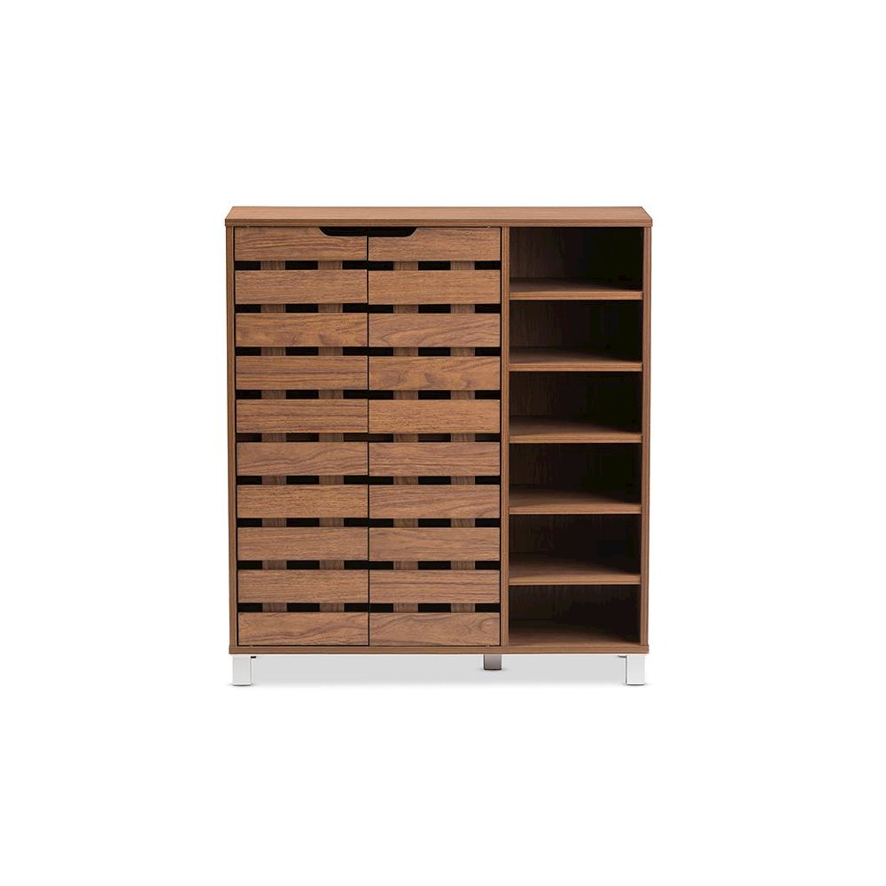 "Walnut" Medium Brown Wood 2-Door Shoe Cabinet with Open Shelves. Picture 1