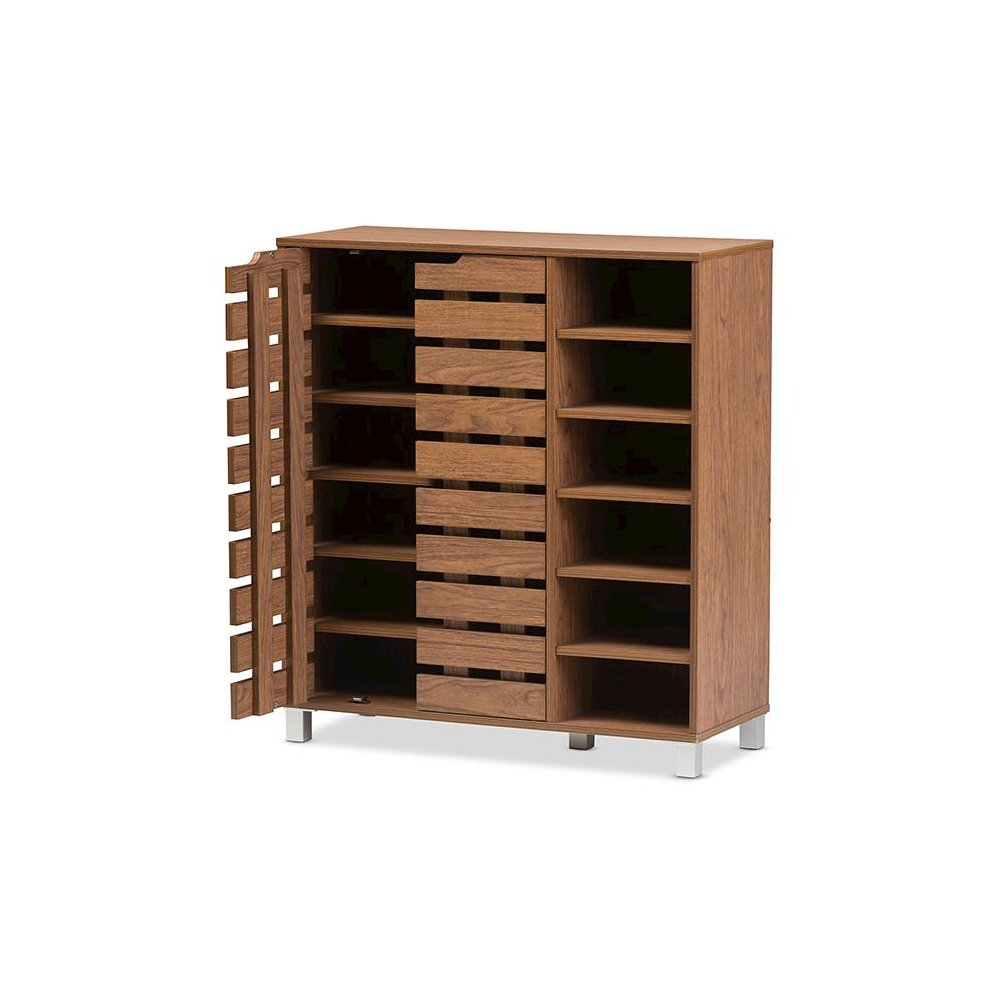 "Walnut" Medium Brown Wood 2-Door Shoe Cabinet with Open Shelves. Picture 3