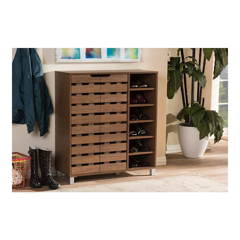 "Walnut" Medium Brown Wood 2-Door Shoe Cabinet with Open Shelves. Picture 5