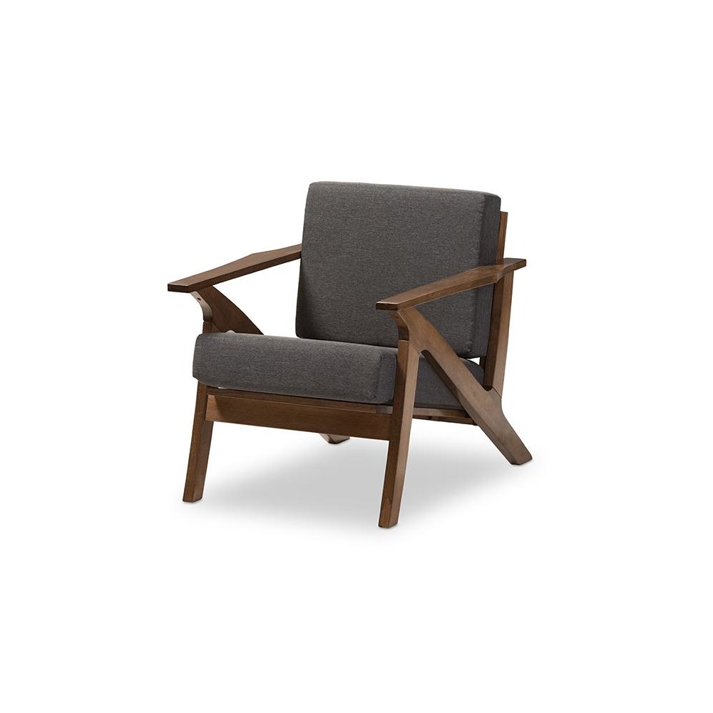 Grey Fabric and "Walnut" Brown Wood Living Room 1-Seater Lounge Chair. Picture 1