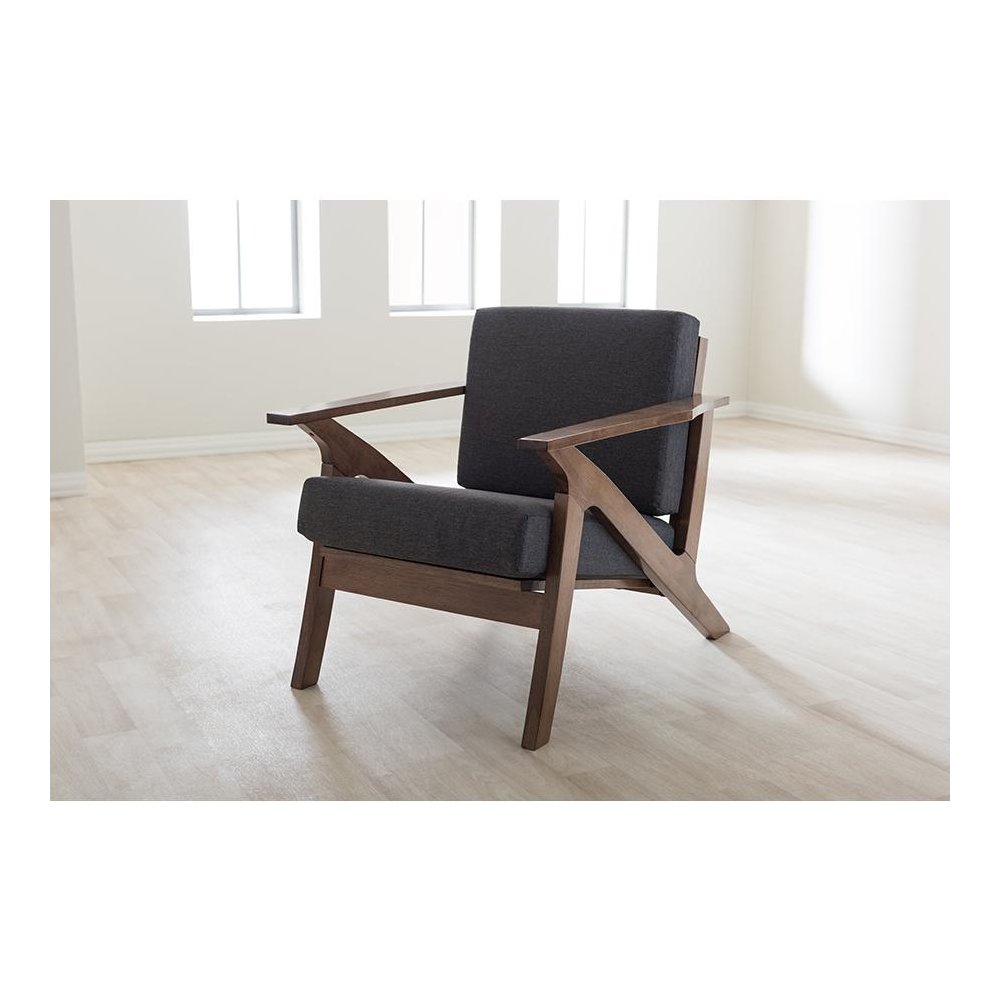 Grey Fabric and "Walnut" Brown Wood Living Room 1-Seater Lounge Chair. Picture 6