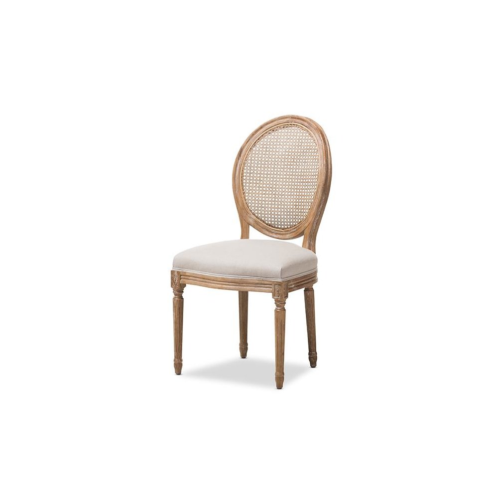 Beige Fabric Upholstered Dining Side Chair with Round Cane Back. Picture 1