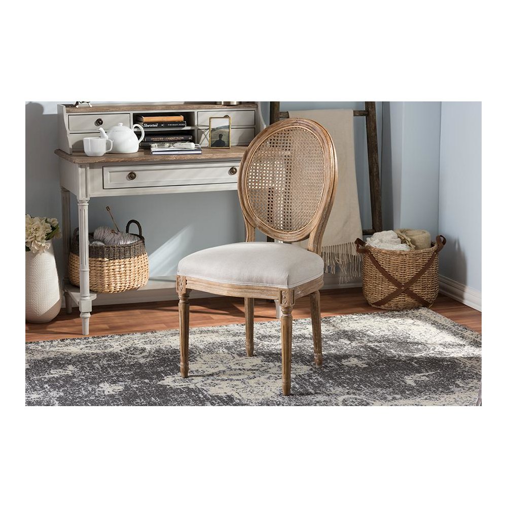Beige Fabric Upholstered Dining Side Chair with Round Cane Back. Picture 7