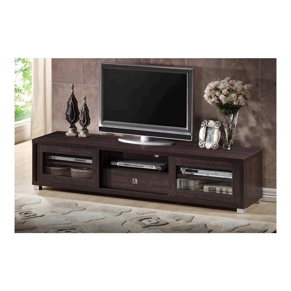 Beasley 70-Inch Dark Brown TV Cabinet with 2 Sliding Doors and Drawer. Picture 6