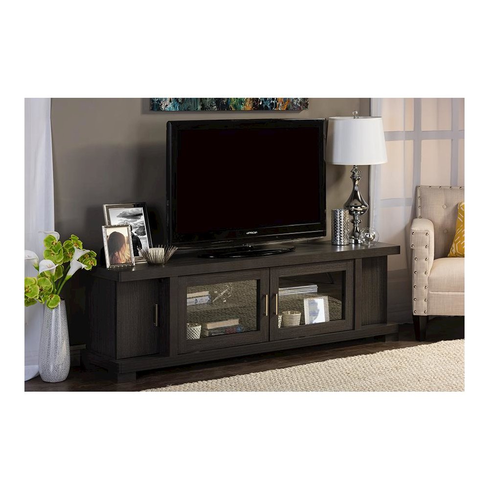 Viveka 70-Inch Greyish Dark Brown Wood TV Cabinet with 2 Glass Doors and 2 Doors. Picture 4