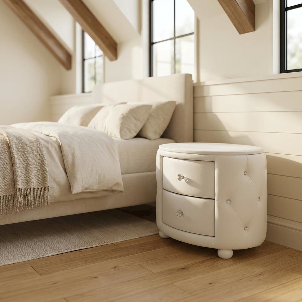 Glamour Style White Faux Leather Nightstand with 2 Drawers and Wooden Frame. Picture 2