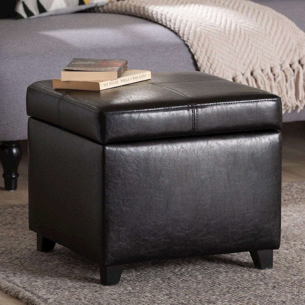 Baxton Studio Black Full Leather Storage Cube Ottoman. Picture 10