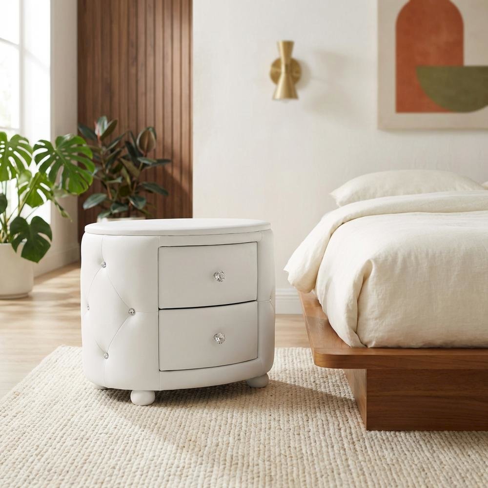 Glamour Style White Faux Leather Nightstand with 2 Drawers and Wooden Frame. Picture 3