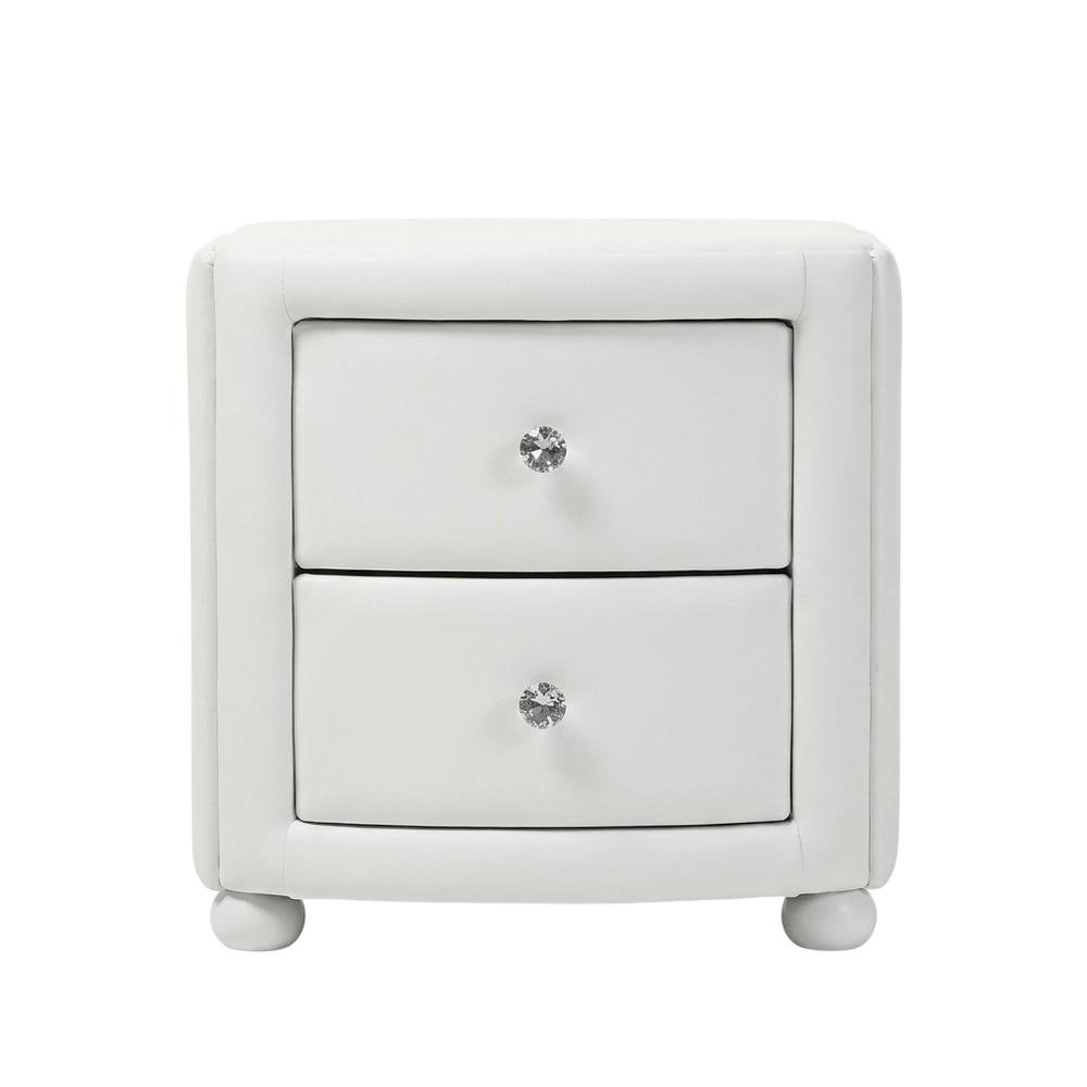 Glamour Style White Faux Leather Nightstand with 2 Drawers and Wooden Frame. Picture 4