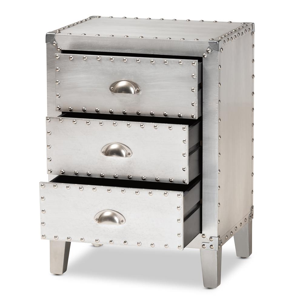 Baxton Studio Claude French Industrial Silver Metal 3-Drawer Nightstand. Picture 12