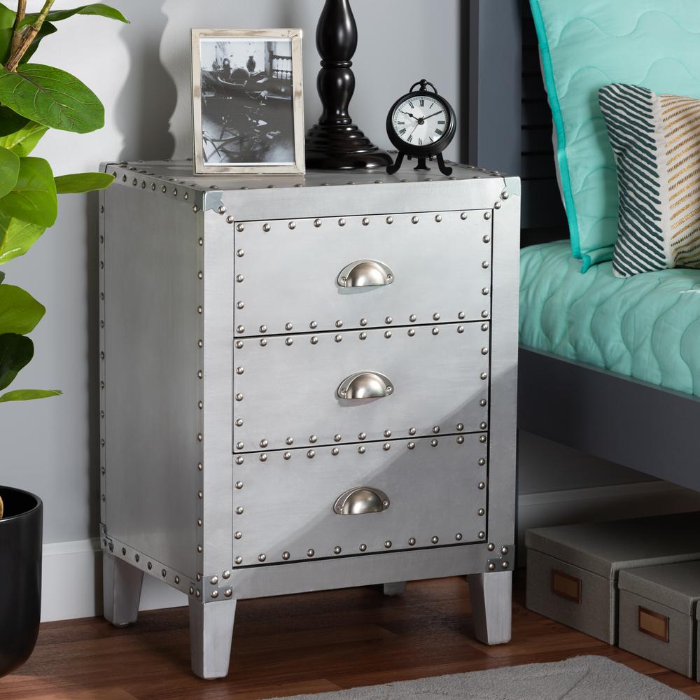 Baxton Studio Claude French Industrial Silver Metal 3-Drawer Nightstand. Picture 8