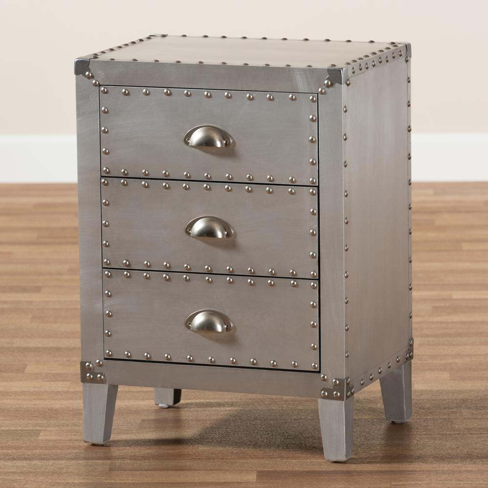 Baxton Studio Claude French Industrial Silver Metal 3-Drawer Nightstand. Picture 18