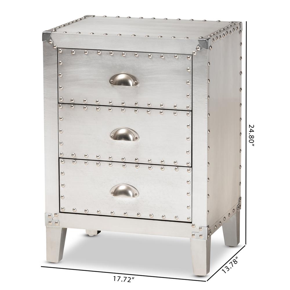 Baxton Studio Claude French Industrial Silver Metal 3-Drawer Nightstand. Picture 19