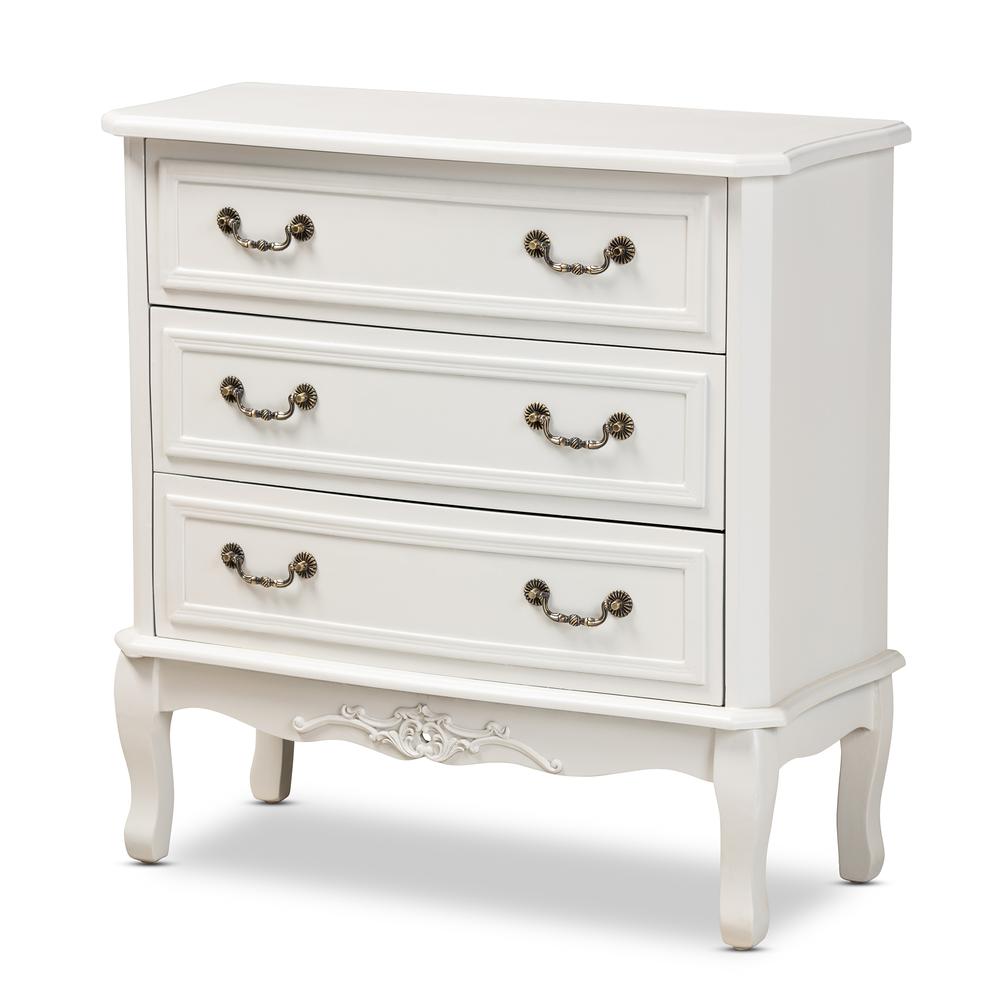 Country Provincial White-Finished 3-Drawer Wood Storage Cabinet. Picture 1
