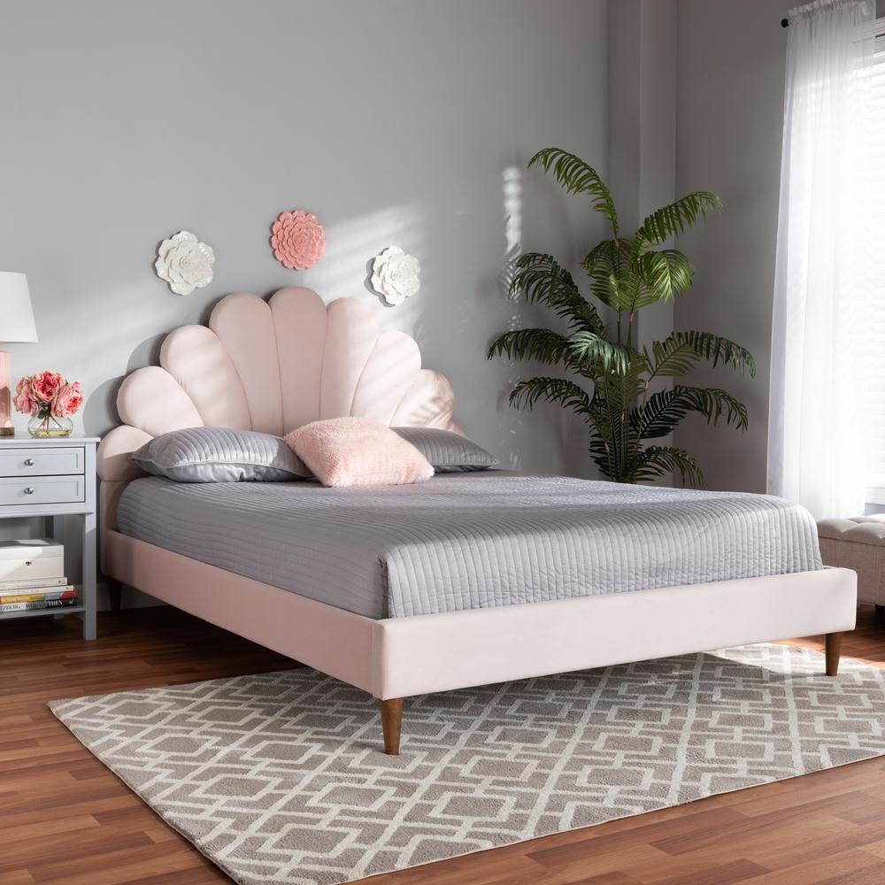 Walnut Brown Finished Wood Queen Size Seashell Shaped Platform Bed. Picture 14
