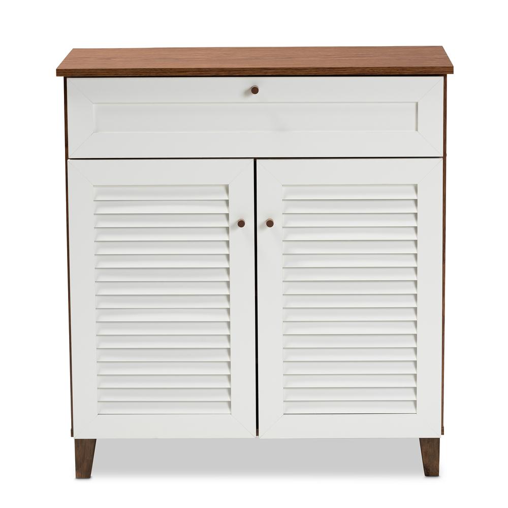 White and Walnut Finished 4-Shelf Wood Shoe Storage Cabinet with Drawer. Picture 13
