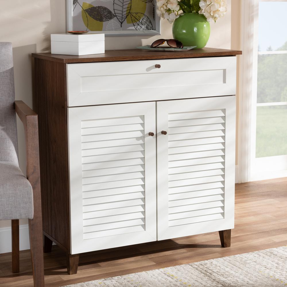 White and Walnut Finished 4-Shelf Wood Shoe Storage Cabinet with Drawer. Picture 17