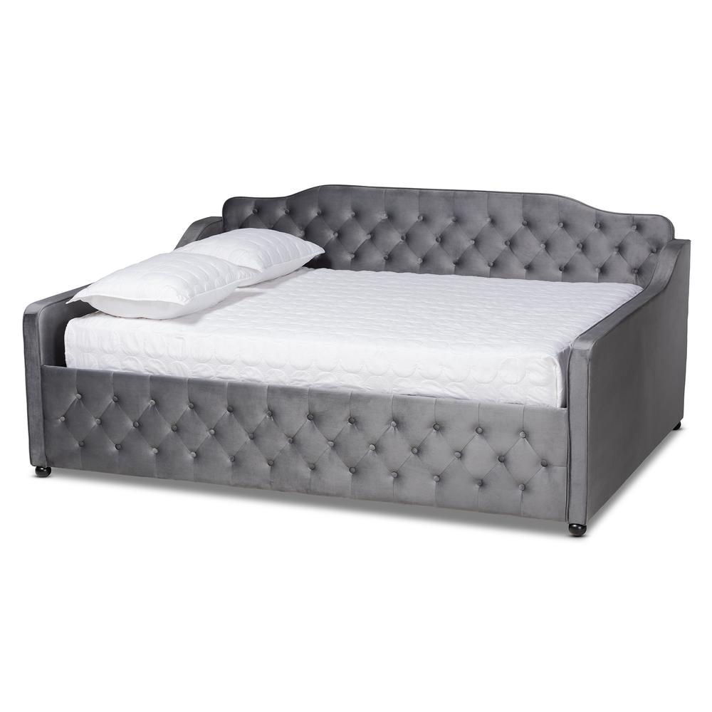 Grey Velvet Fabric Upholstered and Button Tufted Full Size Daybed. Picture 10