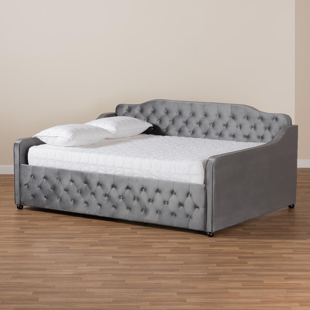 Grey Velvet Fabric Upholstered and Button Tufted Full Size Daybed. Picture 16