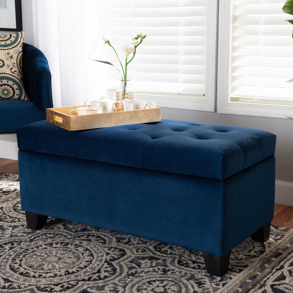 Navy Blue Velvet Fabric Upholstered Storage Ottoman. Picture 17