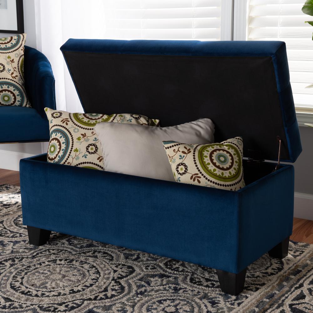 Navy Blue Velvet Fabric Upholstered Storage Ottoman. Picture 18