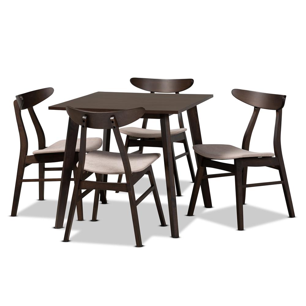 Baxton Studio Britte Mid-Century Modern Beige Fabric Upholstered Dark Oak Brown Finished 5-Piece Wood Dining Set. Picture 10