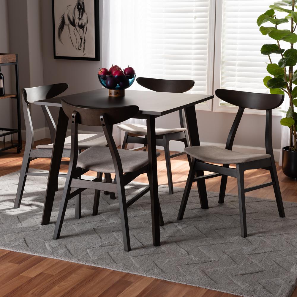 Baxton Studio Britte Mid-Century Modern Beige Fabric Upholstered Dark Oak Brown Finished 5-Piece Wood Dining Set. Picture 9