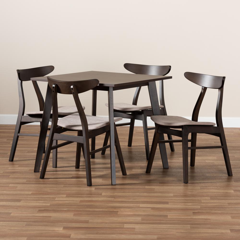 Baxton Studio Britte Mid-Century Modern Beige Fabric Upholstered Dark Oak Brown Finished 5-Piece Wood Dining Set. Picture 16