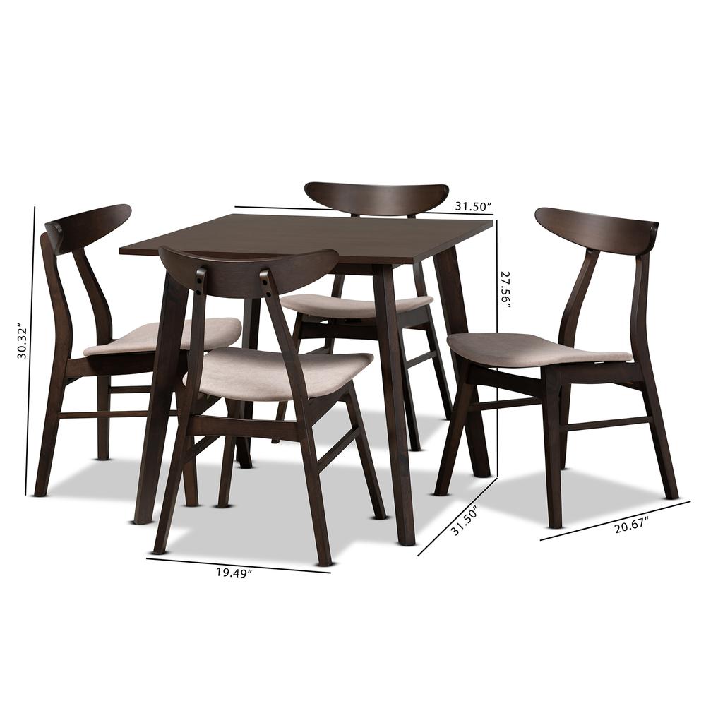 Baxton Studio Britte Mid-Century Modern Beige Fabric Upholstered Dark Oak Brown Finished 5-Piece Wood Dining Set. Picture 17