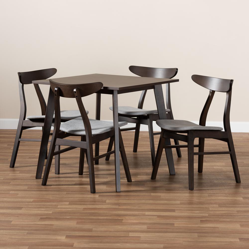 Baxton Studio Britte Mid-Century Modern Light Grey Fabric Upholstered Dark Oak Brown Finished 5-Piece Wood Dining Set. Picture 16