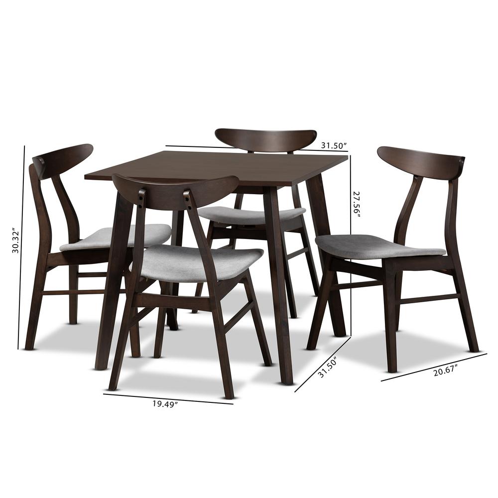 Baxton Studio Britte Mid-Century Modern Light Grey Fabric Upholstered Dark Oak Brown Finished 5-Piece Wood Dining Set. Picture 17