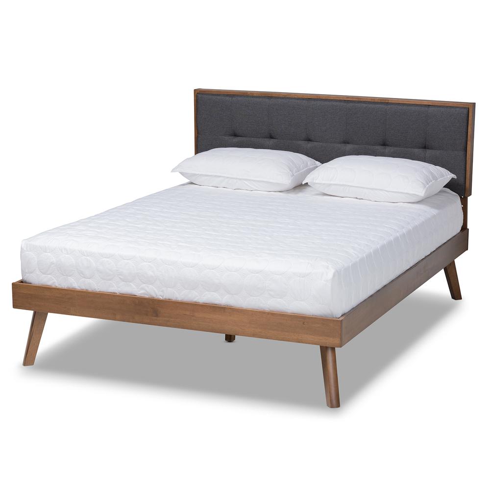 Dark Grey Fabric Upholstered Walnut Brown Finished Wood Full Size Platform Bed. Picture 11
