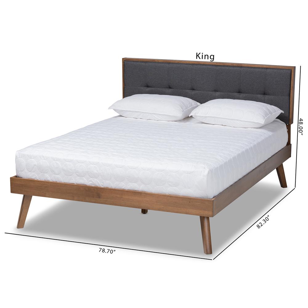 Dark Grey Fabric Upholstered Walnut Brown Finished Wood Full Size Platform Bed. Picture 20