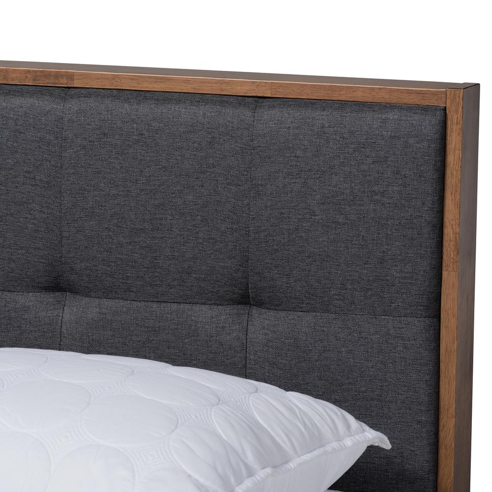 Dark Grey Fabric Upholstered Walnut Brown Finished Wood Full Size Platform Bed. Picture 14