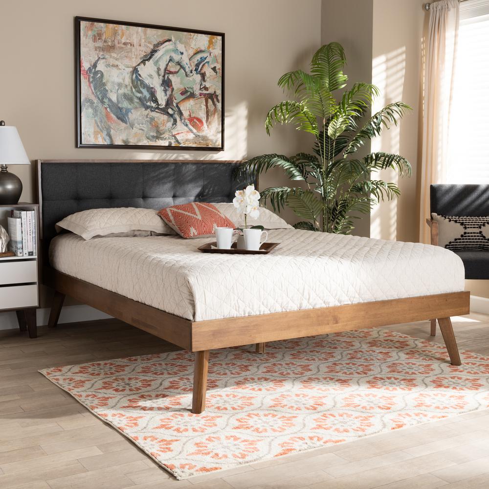 Dark Grey Fabric Upholstered Walnut Brown Finished Wood Full Size Platform Bed. Picture 16