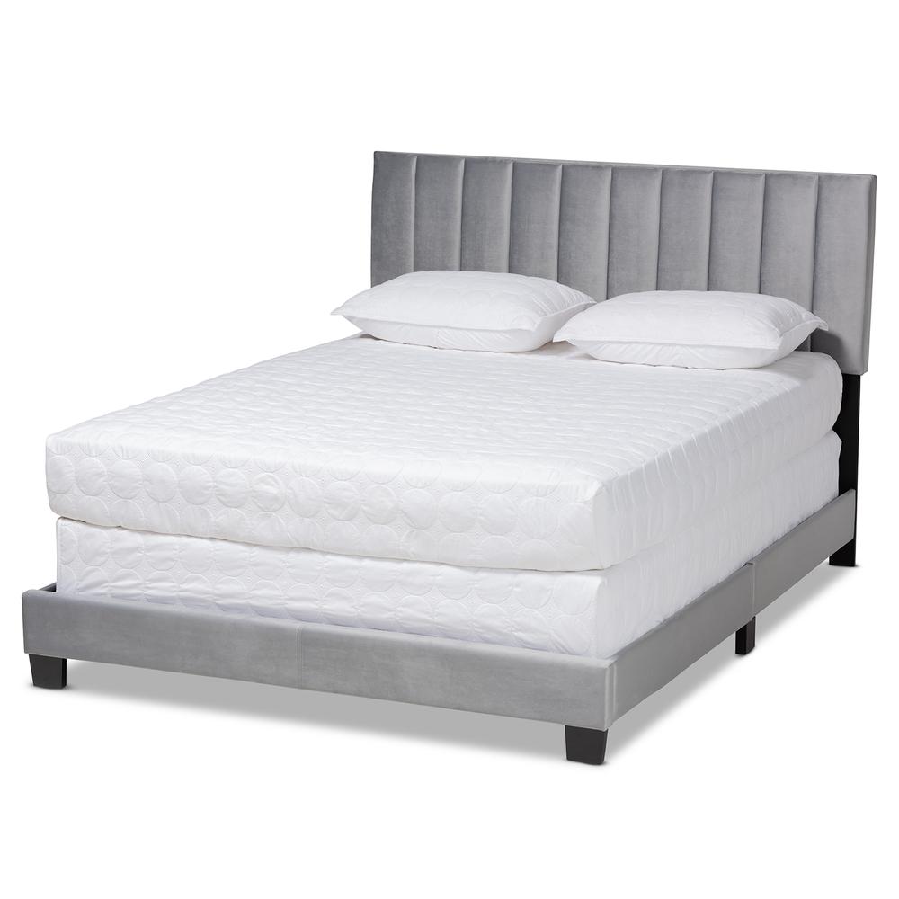 Baxton Studio Clare Glam and Luxe Grey Velvet Fabric Upholstered Full Size Panel Bed with Channel Tufted Headboard. Picture 1