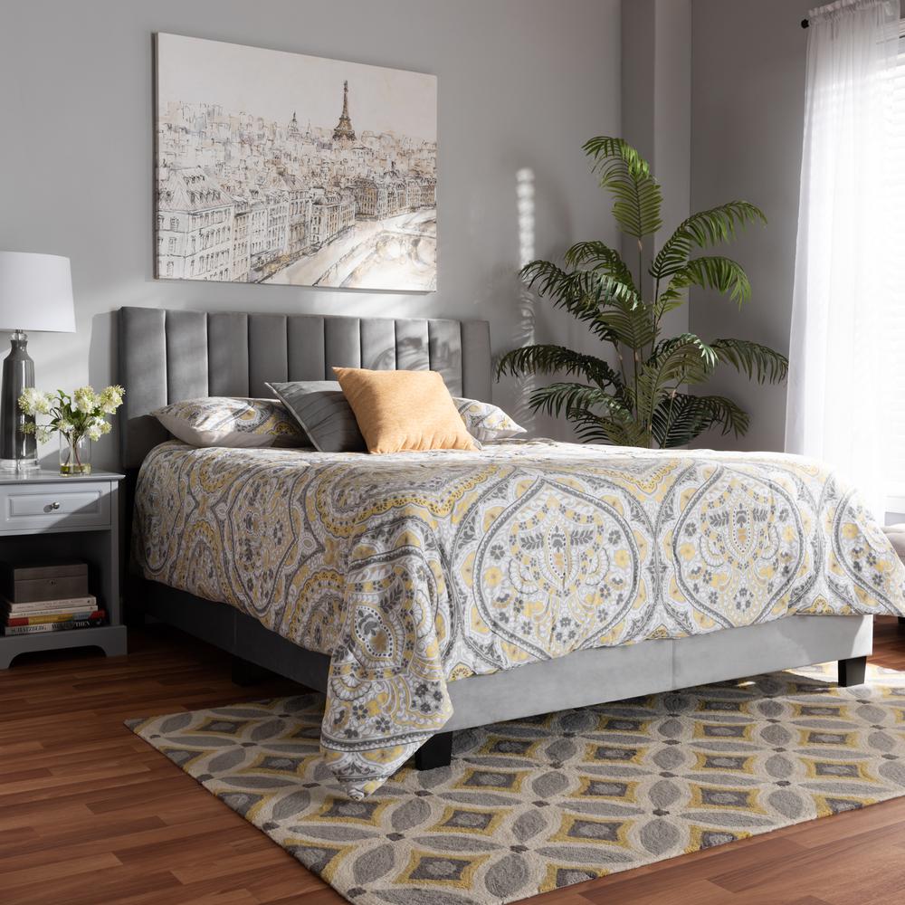 Baxton Studio Clare Glam and Luxe Grey Velvet Fabric Upholstered Full Size Panel Bed with Channel Tufted Headboard. Picture 6