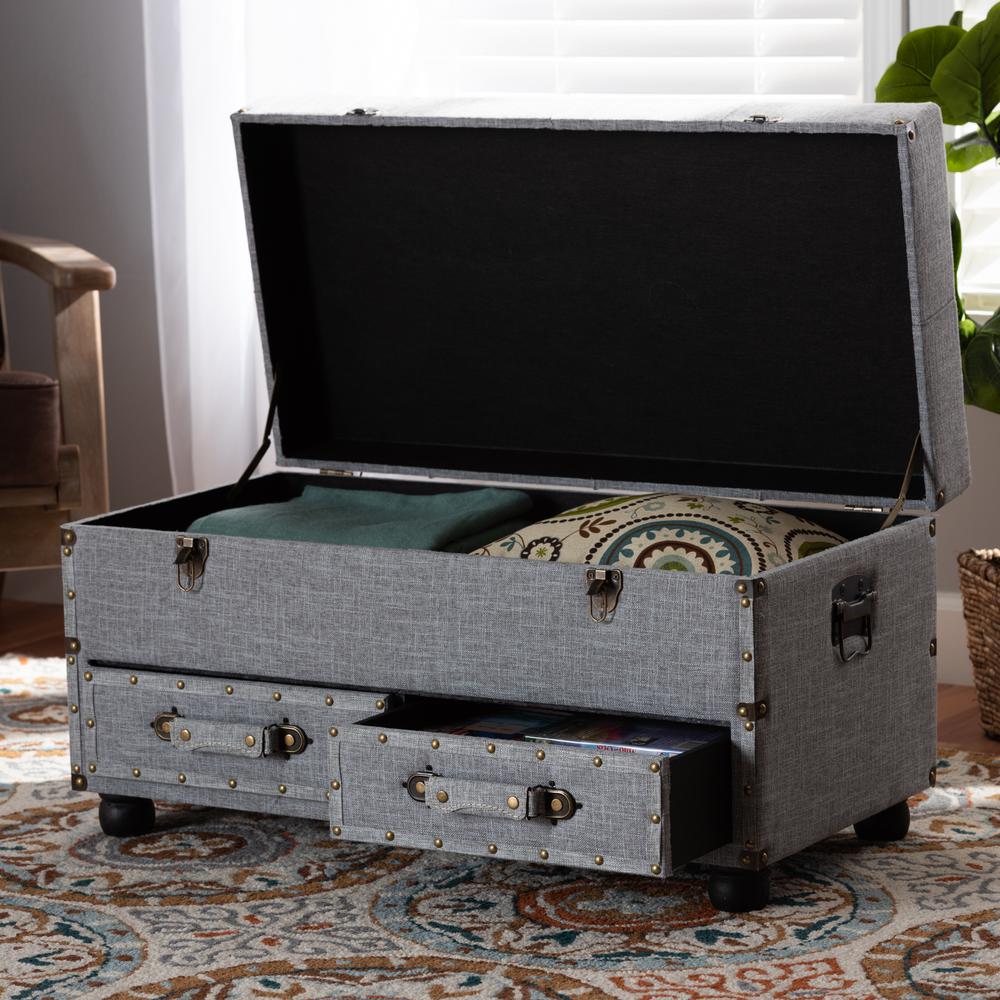 Flynn Modern Transitional Grey Fabric Upholstered 2-Drawer Storage Trunk Ottoman. Picture 22